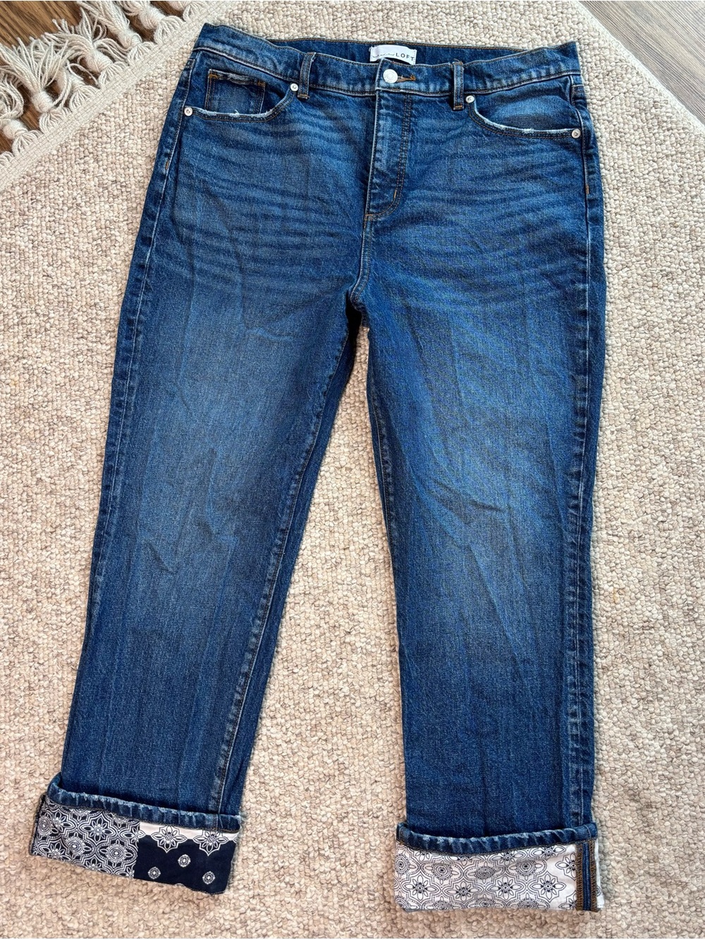LOFT The Straight Crop Jeans Size 12P 31 Bandana Print Cuff Dark Wash Denim